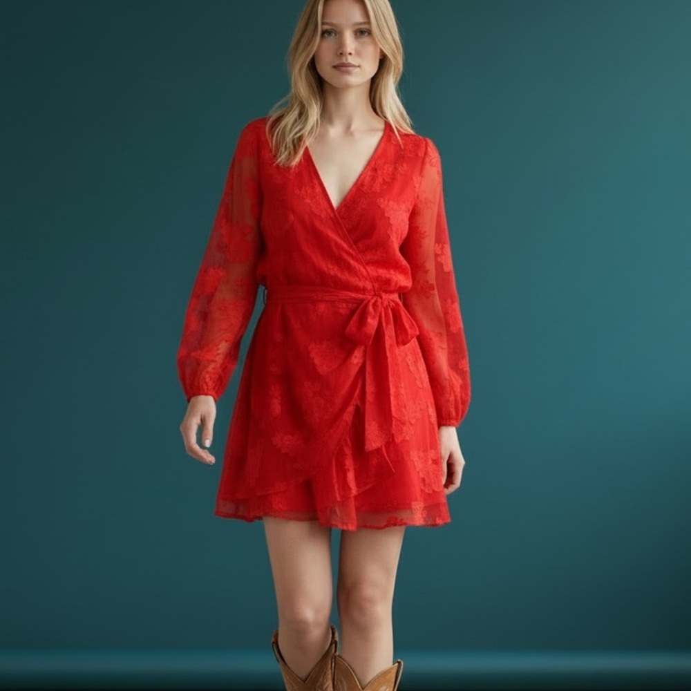 ❤️ NWT! ASOS CURVE Tomato Red Jacquard Sheer Belted Mini Dress